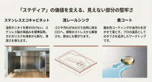 ステンレスキャビネットや流レールシンクなどステディアの構造的な強み