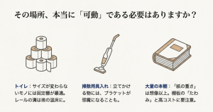 トイレや掃除用具入れなど固定棚の方が使いやすい場所とアイテム