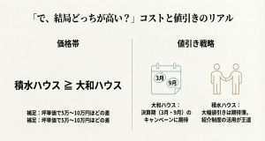 積水ハウスと大和ハウスの価格帯比較と値引き戦略。3月・9月の決算期キャンペーンや紹介制度の活用について。