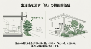 積水ハウスの外構提案「緑のカーテン」。リビングからの視線と道路からの視線を計算し、室外機などの生活感を隠す機能的な植栽配置図