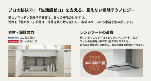 掃除のしやすさが生活感を抑えるキッチン設計につながることを示すイメージ