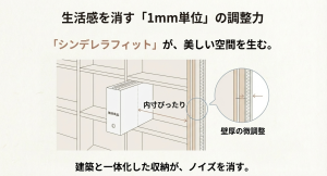 積水ハウスの壁厚微調整による収納設計。無印良品のファイルボックスが内寸ぴったりに収まるシンデレラフィットの図解。
