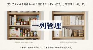 奥行きを浅くして一列管理にすることで整理整頓されたパントリーの比較