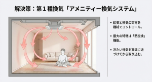 天井設置型の第1種換気システムにより、温められた空気が部屋全体に効率よく循環しているイメージ図