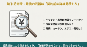 契約後の追加費用を防ぐための「契約前詳細見積もり」の重要性。キッチンや外構費用などを含めること。