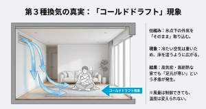 冬場、壁の給気口から入った冷たい外気が床を這うように広がり、室内にいる人が寒さを感じている図解