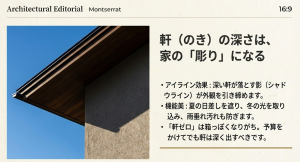 積水ハウスの深い軒（のき）が外壁に落とす影。アイライン効果で外観を引き締め、機能美を生む設計。