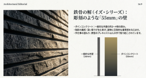 積水ハウスのダインコンクリート（55mm）と一般的なサイディング外壁（16mm）の厚みと彫りの深さの比較図。