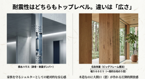 耐震構造の違い・制震ダンパーとビッグフレーム構法 積水ハウスの制震構造と住友林業のビッグフレーム構法(BF構法)の柱の太さと開口幅の違い