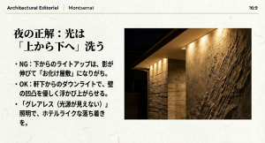 積水ハウスの夜の外観照明。軒下からのダウンライトで外壁を上から下へ照らし、陰影を浮かび上がらせる手法。