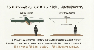 スペック上の高さよりも「天井のフラットさ」が開放感を決める 凸凹のある2720mm天井と積水ハウスのフラットな2700mm天井の開放感比較