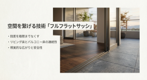 空間を繋げる技術「フルフラットサッシ」 リビングとバルコニーの段差をなくし空間を繋げるフルフラットサッシの技術