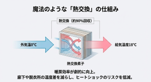 熱交換素子を通り、外気温0度が室内の熱を回収して18度の給気として取り込まれる仕組みの図解