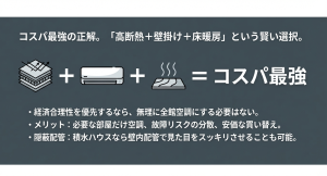 高断熱住宅、壁掛けエアコン、床暖房の組み合わせがコストパフォーマンス最強であることを示す図