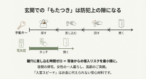 手動キーと電気錠の入室スピード比較。鍵穴を探す時間をゼロにすることによる防犯メリット 。
