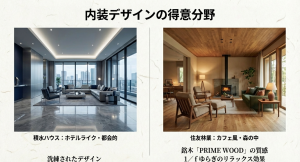 内装インテリア対決・ホテルライクvsカフェスタイル 積水ハウスの都会的で洗練された内装と、住友林業のPRIME WOODを使った温かみのある内装実例イメージ
