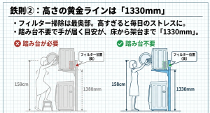 踏み台不要でフィルター掃除ができる乾太くんの設置高さ1330mmの図解