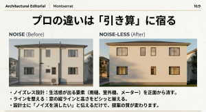 雨樋や室外機などのノイズを消し、窓のラインを整えることで洗練された外観にするノイズレス設計の比較画像。