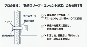 構造体回避と防水処理を確実に行うための先行スリーブ施工の断面図詳細