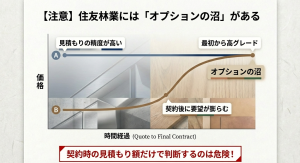 積水ハウスと住友林業の見積もり価格推移イメージ 住友林業の「オプションの沼」による最終価格の上昇と、積水ハウスの初期見積もりの違いを表すグラフ