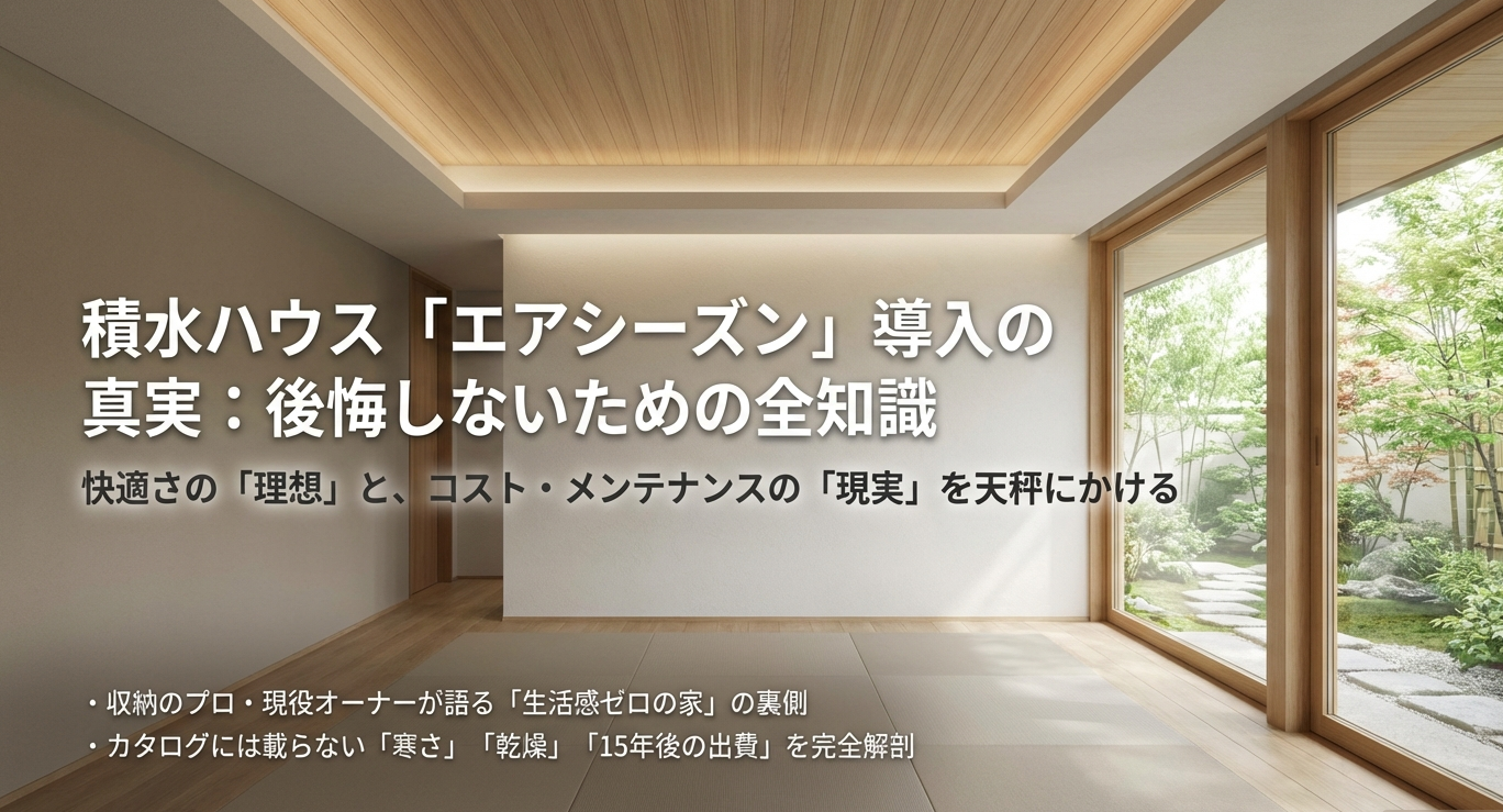 積水ハウスの全館空調エアシーズン導入の真実。快適さの理想とコスト・メンテナンスの現実を比較し、寒さや乾燥、15年後の出費などカタログに載らないデメリットを解剖する記事のアイキャッチ画像