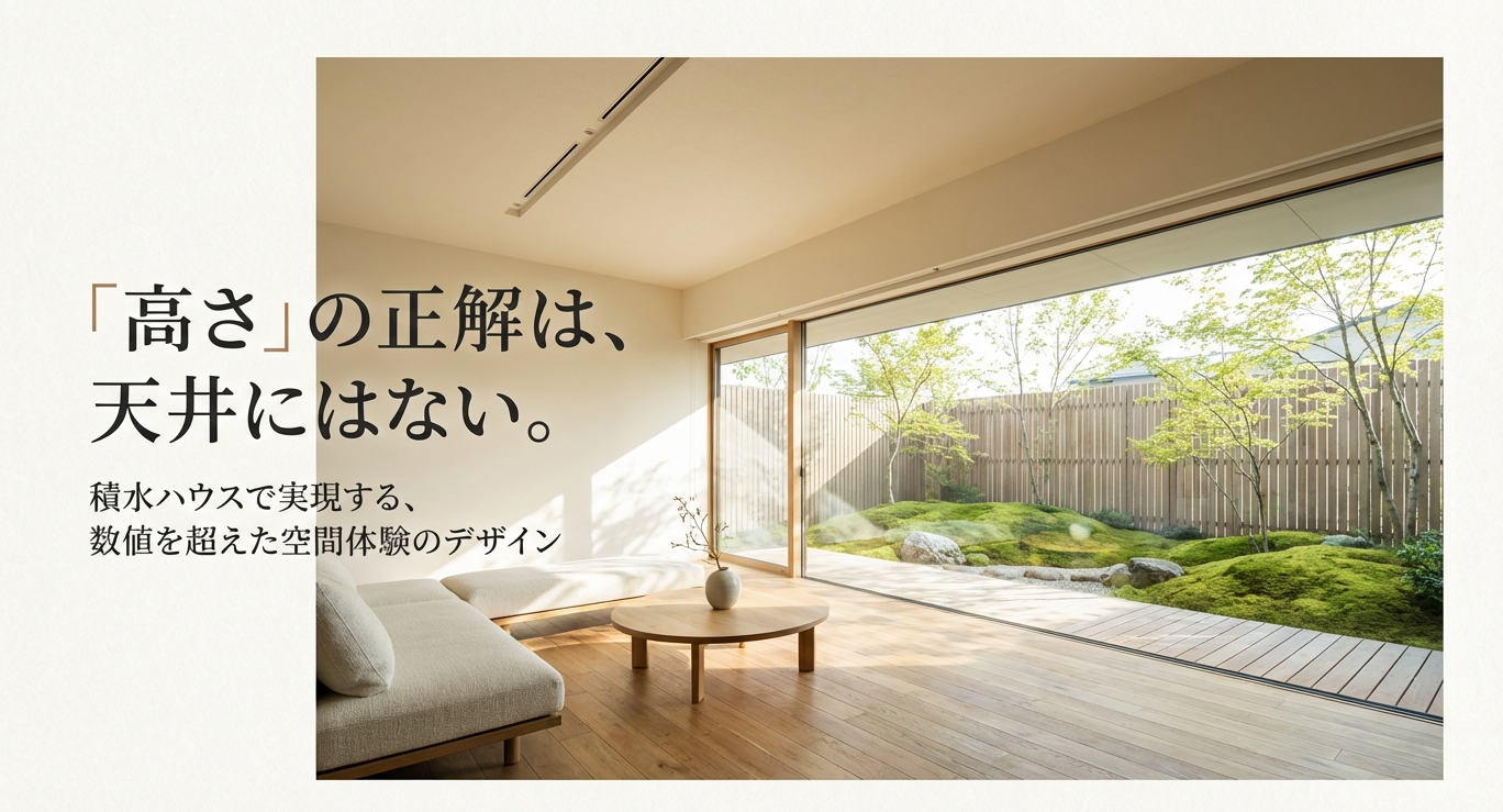 「高さの正解は、天井にはない。」というキャッチコピーが書かれた積水ハウスのスライド資料。数値を超えた空間体験のデザインについて解説するプレゼンテーションの表紙。