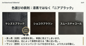 積水ハウスの外壁色「ケシズミブラック」。真っ黒ではなくニアブラックを選ぶことで質感を高める色選びのポイント。