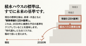 積水ハウスの標準仕様がZEH基準の断熱等級5であり、2030年の義務化基準を先取りしていることを示すグラフ