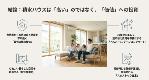 積水ハウスを選ぶことは「価値」への投資である 構造躯体・外壁・設計力・資産価値の4つの柱をまとめた結論スライド