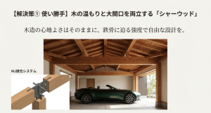 積水ハウス「シャーウッド」の木造ガレージ：MJ接合システムによる大開口