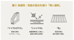 性能の弱点を補うための対策。トリプルガラスの採用、シャイド55の理解、雨音対策としての瓦屋根の採用について。