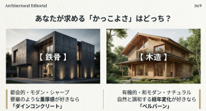 都会的でモダンな鉄骨住宅イズ・ロイエと、有機的で和モダンな木造住宅シャーウッドの外観デザイン比較。