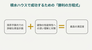 積水ハウスで満足度を高めるための方程式。「限界予算内の詳細計画」と「性能特性への深い理解」の掛け合わせ。