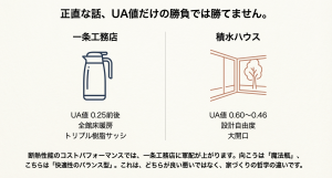 魔法瓶のような性能を重視する一条工務店と、設計自由度と開放感を重視する積水ハウスのバランスの違いを説明するスライド