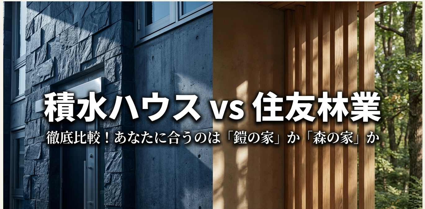 積水ハウスと住友林業の徹底比較。「鎧の家」と「森の家」のどちらが合うかを解説する2025年最新版のブログ記事アイキャッチ画像 （画像が表示されない場合や音声読み上げ機能向けに、画像内の文字情報「鎧の家」「森の家」「2025年最新版」を含めて説明 ）