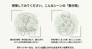 雨の日に傘をさしながら、または子供を抱っこしながらボタン1つで解錠するイメージ図 。