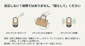 防犯用の振動センサーがスリープしている際、カバンを揺らしてキーを起こす手順の解説 。