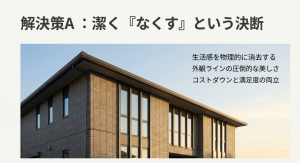 解決策A:潔く「なくす」という決断 バルコニーを潔くなくすという決断による外観の美しさとコストダウンの効果