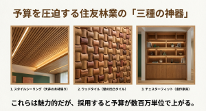 住友林業の人気オプション「三種の神器」 住友林業で予算が上がる主要オプション(スタイルシーリング、ウッドタイル、チェスターフィット)の施工イメージ