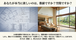 緻密な計算式（UA値）と、積水ハウスの真骨頂である大空間リビング・大開口サッシを対比させたビジュアル