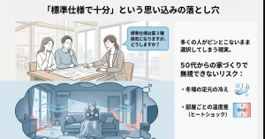 打ち合わせで第3種換気を提案される夫婦と、冬場のリビングで足元の冷えに悩む高齢者の対比イラスト