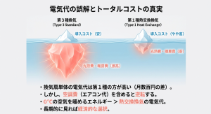 第3種と第1種の導入コスト・光熱費・暖房費を比較し、長期的には第1種が経済的であることを示す表