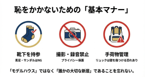 靴下の持参（素足NG）、撮影・録音禁止、リュックなどの手荷物管理についての注意喚起イラスト。