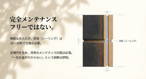 ベルバーンの目地(シーリング)構造図。完全メンテナンスフリーではなく20年から30年で交換が必要であることの解説。