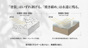 積水ハウスベルバーンの耐久性比較図。有機塗装は紫外線で劣化するが、無機物の陶版はガラス質で守られる仕組み。