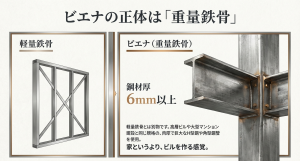 積水ハウスの重量鉄骨ビエナに使用される6mm以上の肉厚な鋼材と軽量鉄骨の比較図