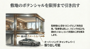 駐車場の上空をリビングとして有効活用する最大約3メートルのオーバーハング（キャンチレバー）設計