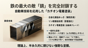 積水ハウスの鉄骨を錆から守る3層の防錆塗装（カチオン電着塗装）の断面図
