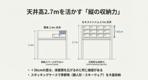 2.4m天井と積水ハウスの2.7m天井の比較。上部に+30cmの収納ケースが増設できる図。