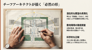 太陽の軌道や風の通り道、隣家の窓位置をデータ化して導き出された科学的な配置計画図
